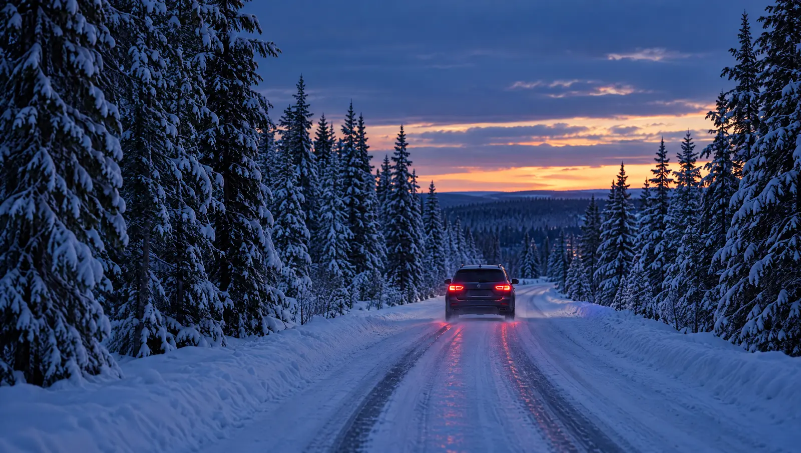 Bil som kör på en snöig landsväg i skymningen med skog på båda sidor och strålkastarna tända