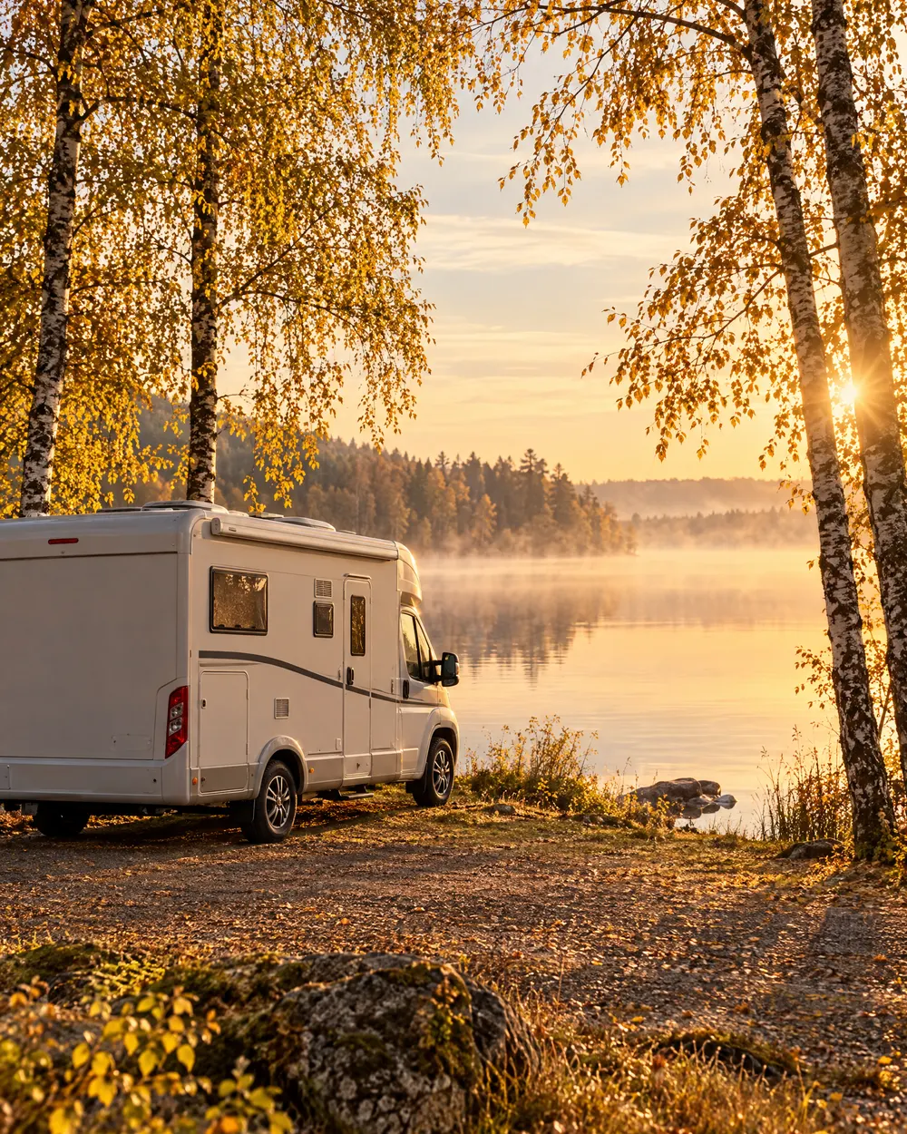 Husbil parkerad vid en sjö en dimmig höstmorgon