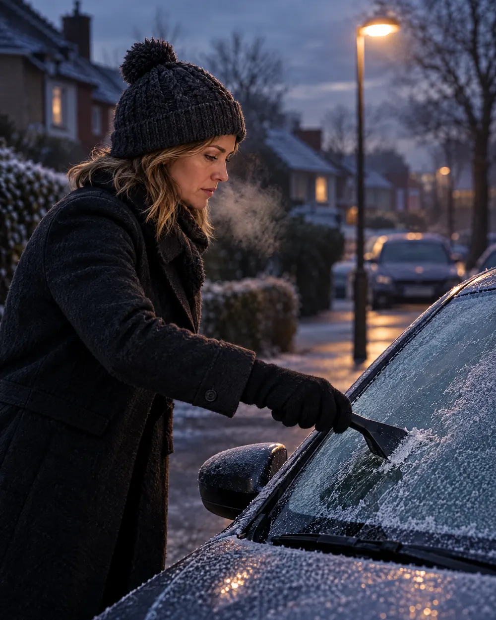 Pendlare som skrapar frost från vindrutan en tidig morgon