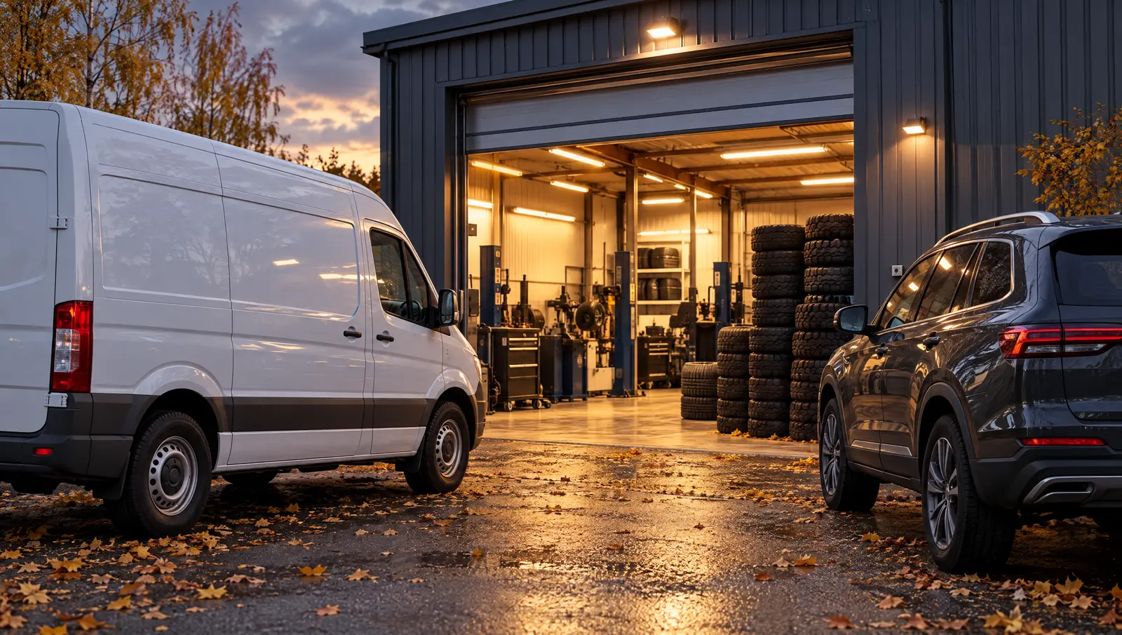 Vit transportbil och en SUV framför en öppen verkstadsport