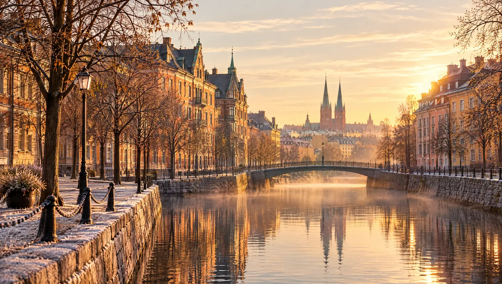 Stadssiluett vid vatten en kall höstmorgon, med våta gator och tunt dis över fjärden
