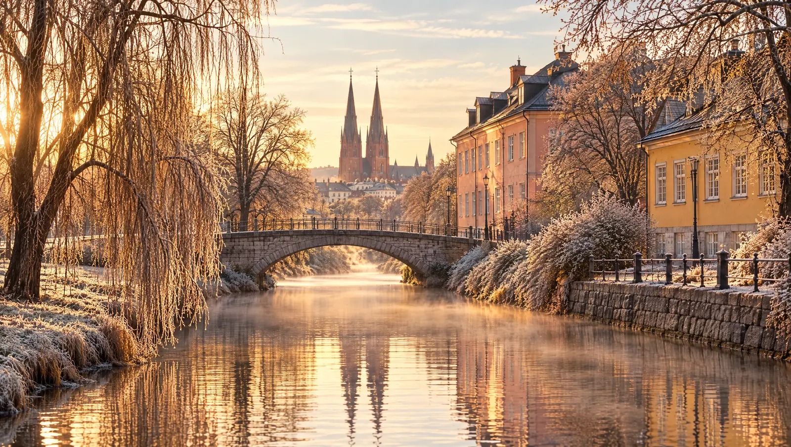 Stadssiluett över slätten en tidig frostmorgon, med vit rimfrost på åkern i förgrunden